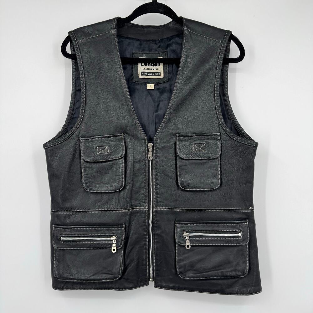 Vintage London Leatherwear NYC Unisex Black Leather Motor Biker Vest Zip-Up Sz S